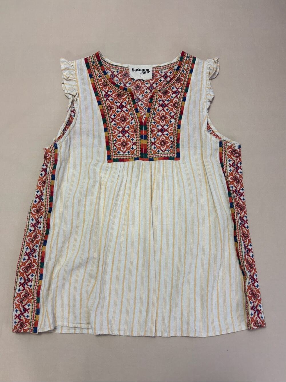 Savanna Jane Cream Striped Sleeveless Top w/ Multicolor Embroidered Yoke Large